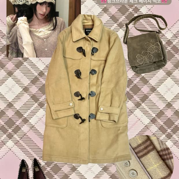 🎀빈티지 모리걸 핑크브라운체크 안감 베이지 떡볶이코트🎀