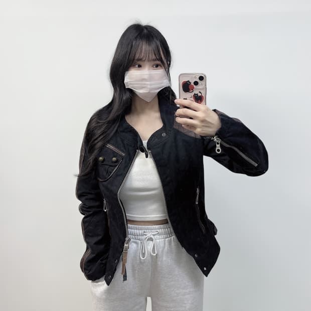 디젤 Diesel 아일렛 크롭 바이커 자켓 블랙