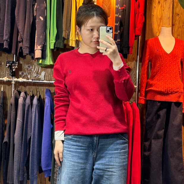 L 폴로랄프로렌 레드 와플 니트 롱슬리브