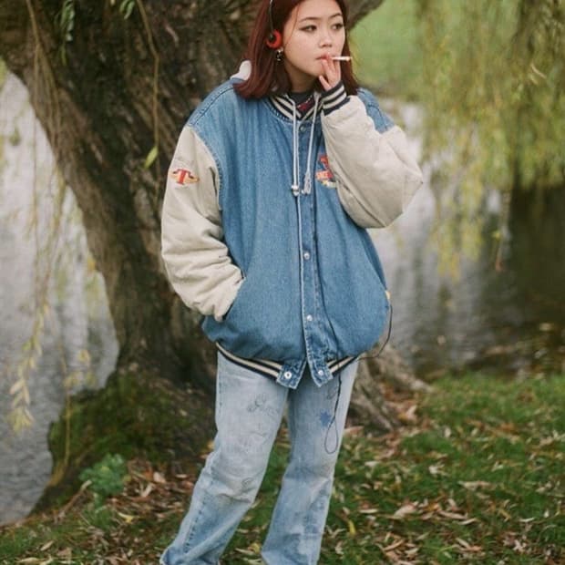 빈티지 데님 바시티 점퍼