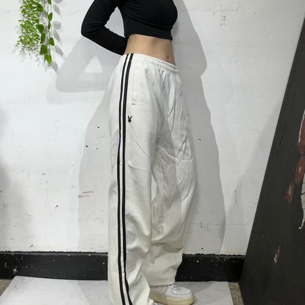 플레이보이 와이드 화이트 사이드 라인 추리닝 바지 댄스 트레이닝 팬츠 L