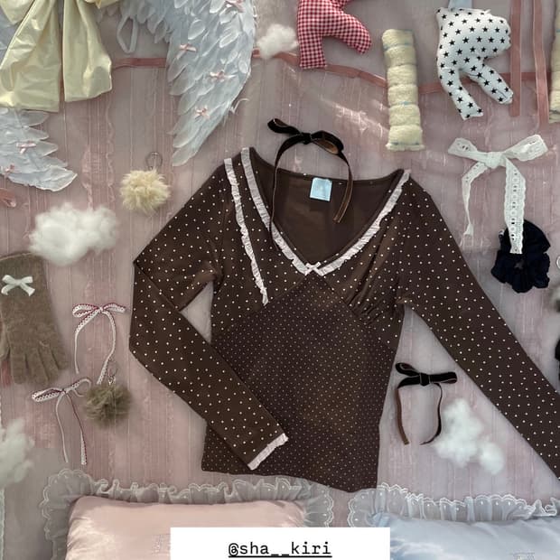 샤키리 브라운 핑크 도트 탑