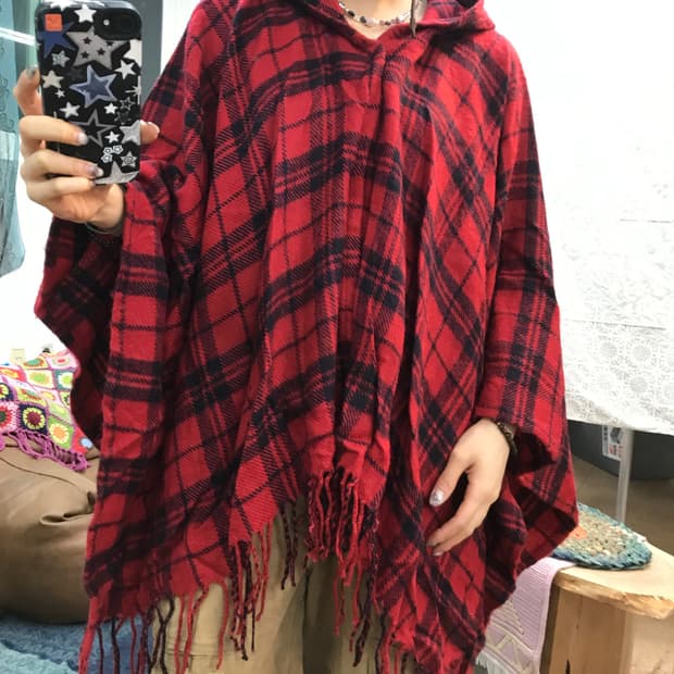 빈티지 체크 타탄 후드 판쵸 