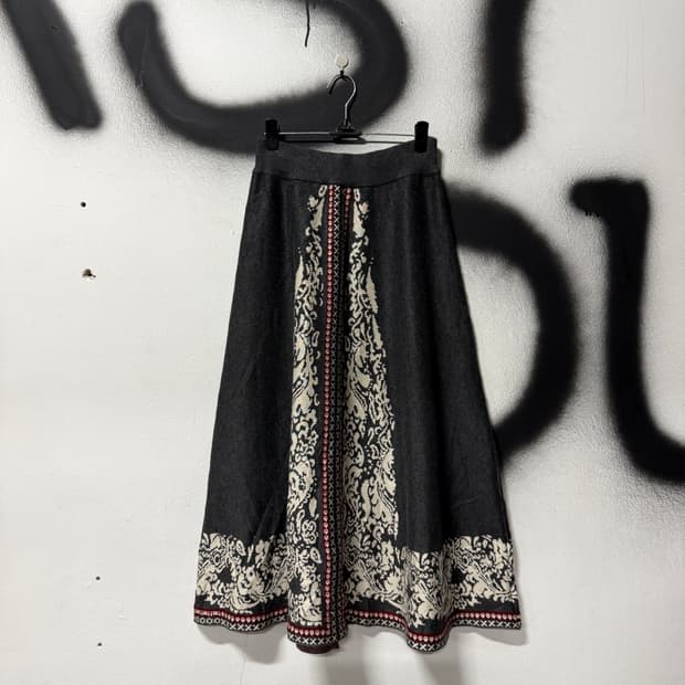 VTG 빈티지 오리엔탈 에스닉 패턴 울 혼방 밴딩 플레어 롱 스커트