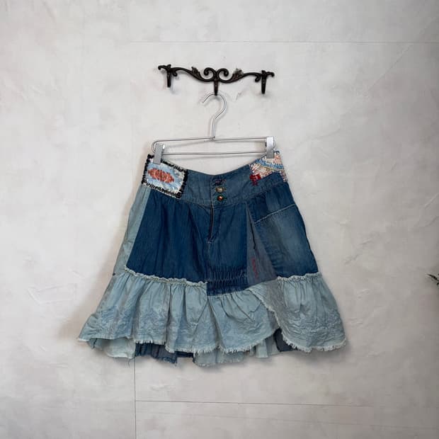 Denim ethnic patchwork flare midi skirt