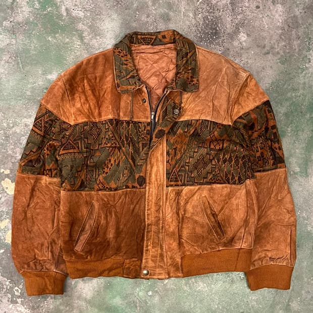 90's [XL] 빈티지 웨스턴 가죽 스웨이드 자켓 아즈텍 자카드 봄버
