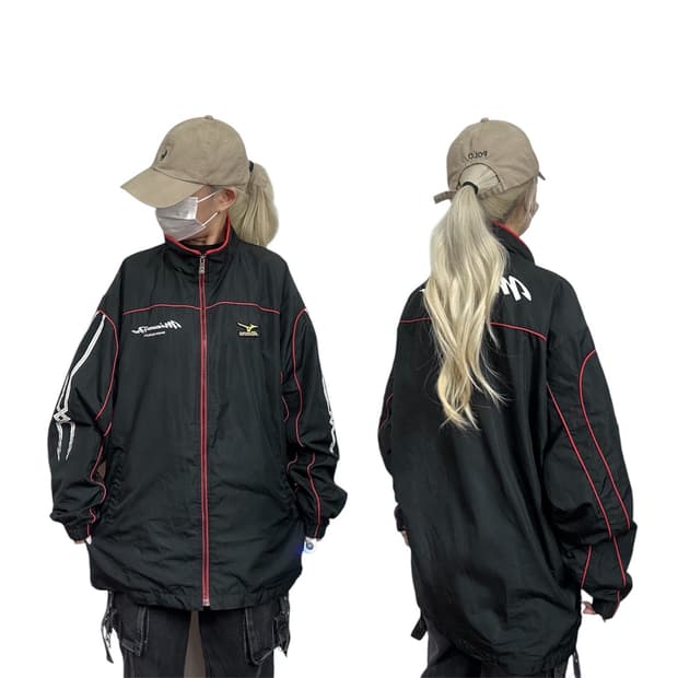 미즈노 블랙 올드스쿨 사이드 라인 오버핏 바람막이 빅 로고 트랙 자켓 L