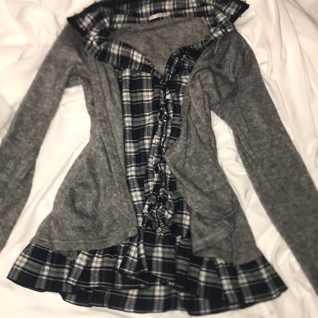 모리걸 체크 셔츠 레이어드 니트 가디건