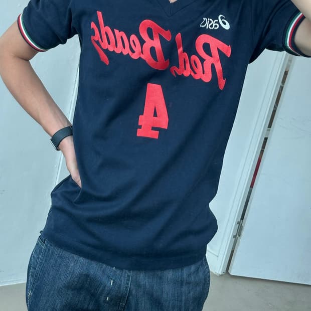 빈티지 아식스 브이넥 사커탑 L Navy