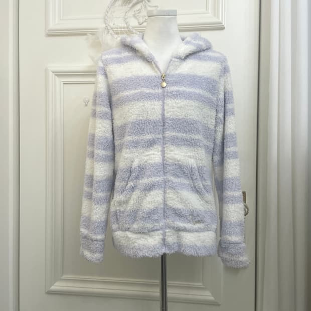 ivory blueberry stripe fur hoodie-zip