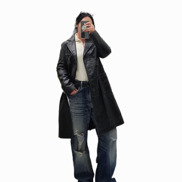 90's Mon Tresor  블랙 램스킨 더블 롱자켓