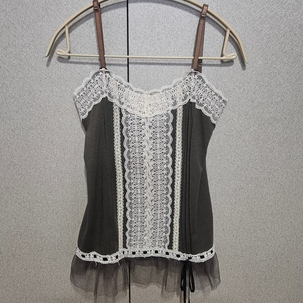 빈티지 오리엔탈 페어리 카키 레이스 슬리브리스 나시