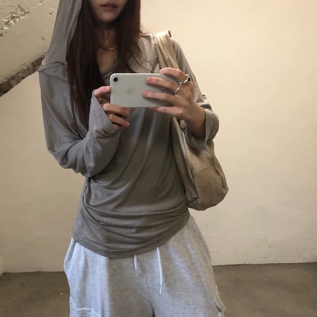 새상품) 셔링 드레이프 후드 탑 슬리브티