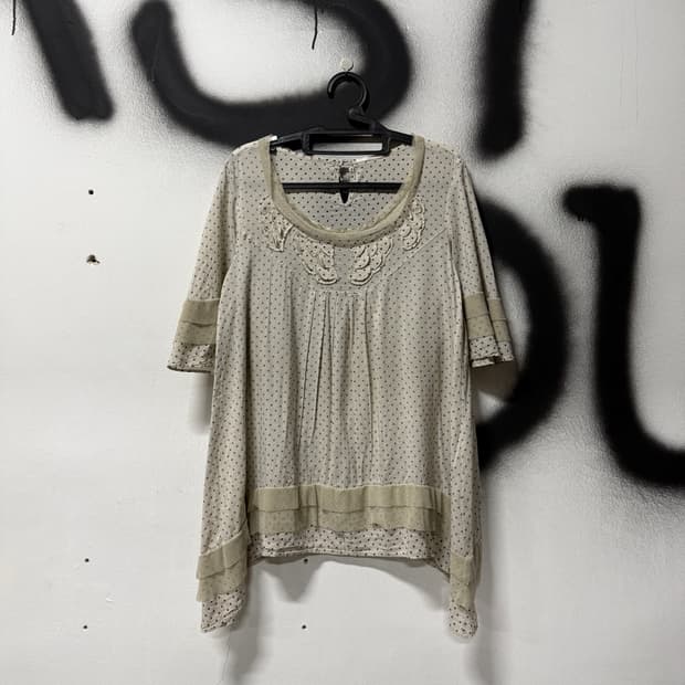 VTG 빈티지 도트 패턴 언발 레이스 반팔 레이어드 탑