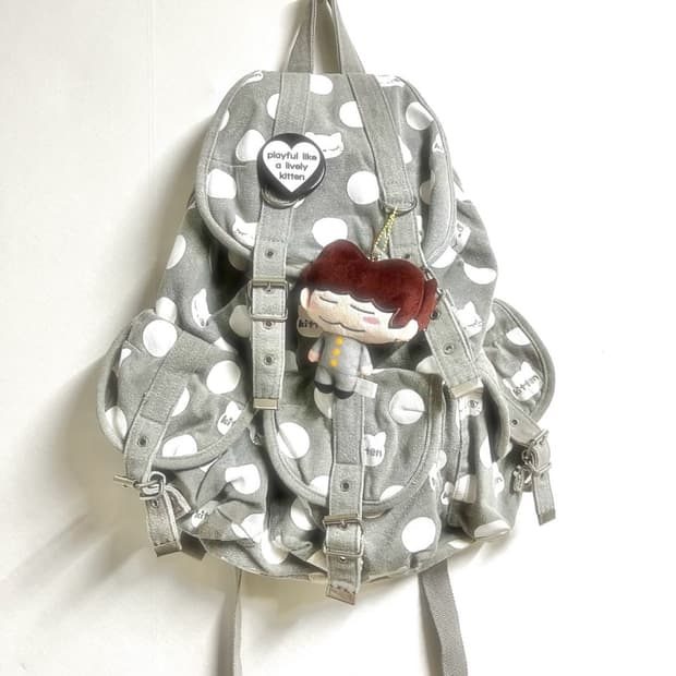 그레이 도트 고양이 빈티지 백팩