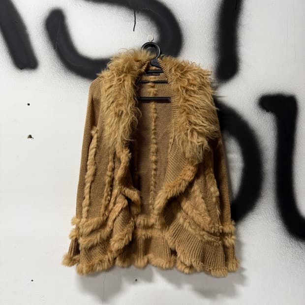 VTG 빈티지 보헤미안 양털 퍼 트리밍 러플 니트 가디건