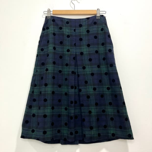 일본 빈티지 체크 도트 패턴 핀턱 미디스커트