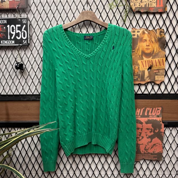 폴로 랄프로렌 케이블 니트 네이비 포니 로고 포인트 라이트 그린