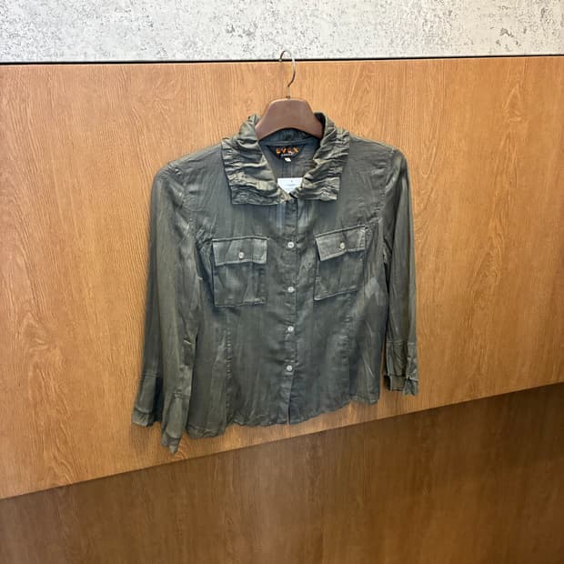 빈티지 긴팔 블라우스 시스루 러플 카라 플랩 포켓 버튼 디테일 k370