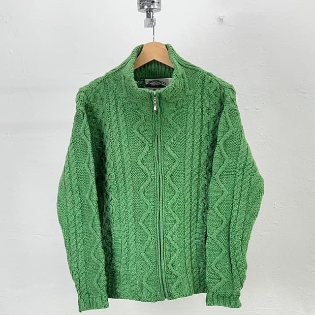 아란크래프트 믹스 그린 케이블 메리노 울 니트 가디건