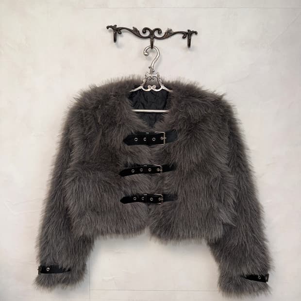 Gray belted buckle crop fur jacket 