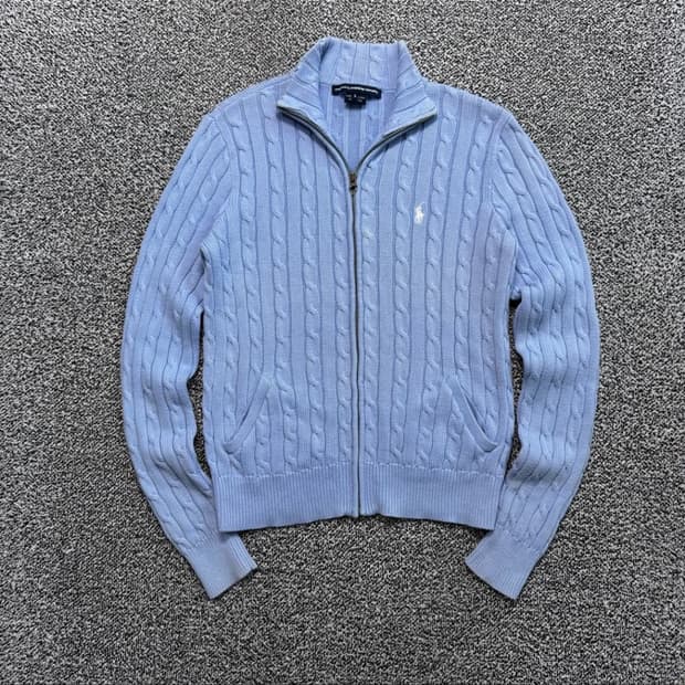 폴로 화이트포니 하늘색 꽈배기 니트집업