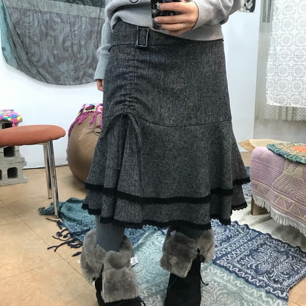 빈티지 여성 벨티드 레이스 프릴 스커트 