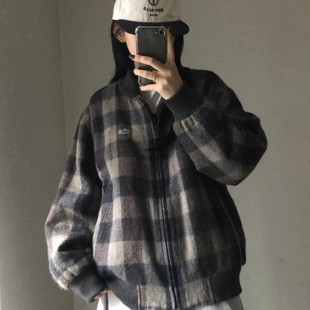 라코스테 브라운 체크 울 블루종