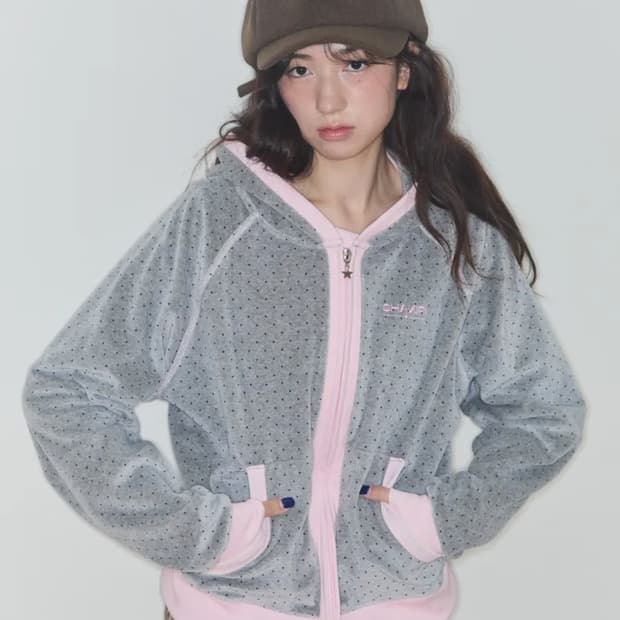 샤키리 테리 도트 래글런 후디 후드집업 플리스 후리스 핑크