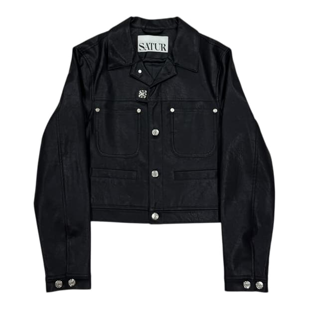 세터 우먼 심볼 브로치 폭스 레더 자켓 클래식 블랙