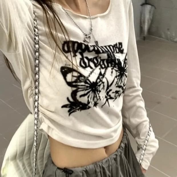 y2k vintage butterfly shirring crop T