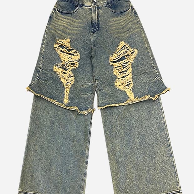 Blr 디스트로이드 빈티지 더블 데님 팬츠 네이비