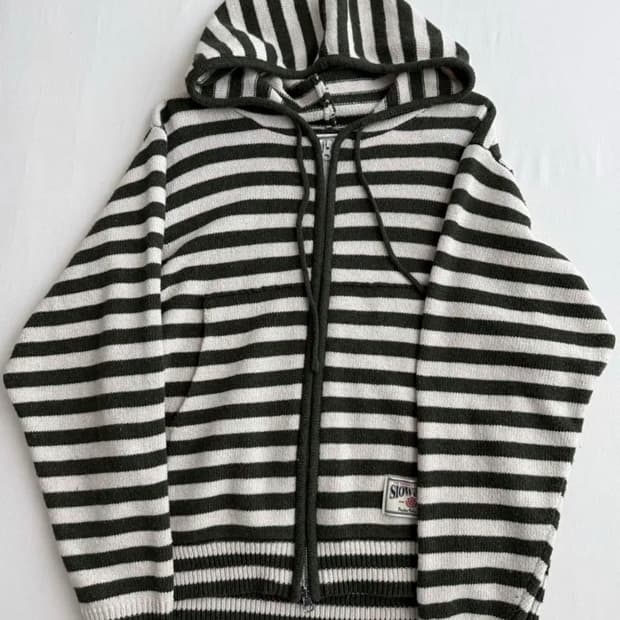 슬로우애시드 스트라이프 니트 후드집업 카키