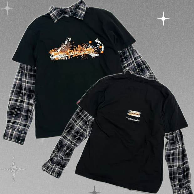  kissmark 블랙반팔티 y2k 프린팅 체크  레이어드 상의코디 