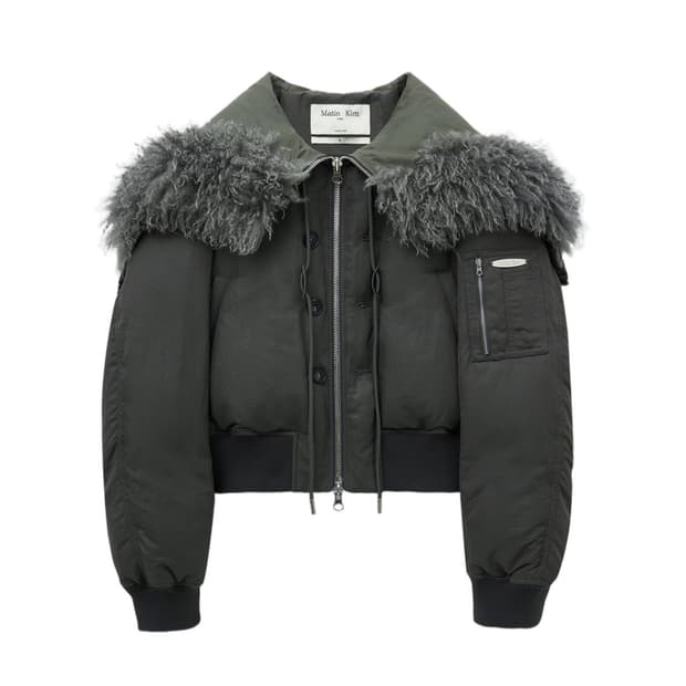 (구매글) 마뗑킴 퍼 후디 봄버 다운 점퍼 자켓 다크 그레이 색상