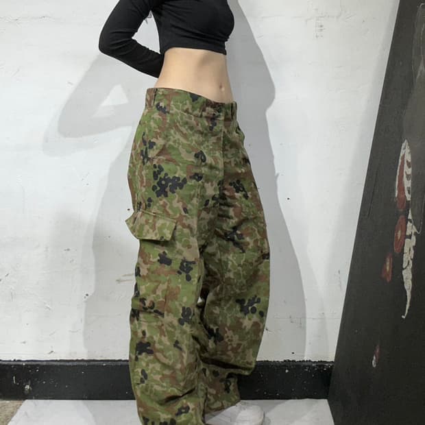 빈티지 카키 밀리터리 카모 와이드 카고 팬츠 