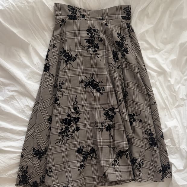 Floral Plaid Slit Midi Skirt