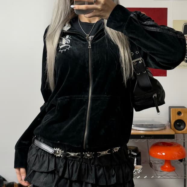 빈티지 Y2K 벨벳 후드집업 블랙