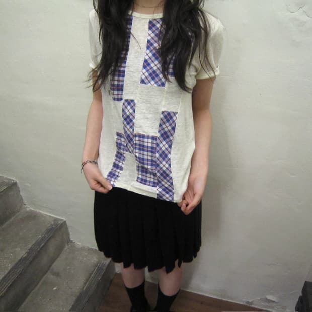 마크 바이 마크 제이콥스 반팔 티셔츠 퍼플 체크 패치워크 디테일 아이보리