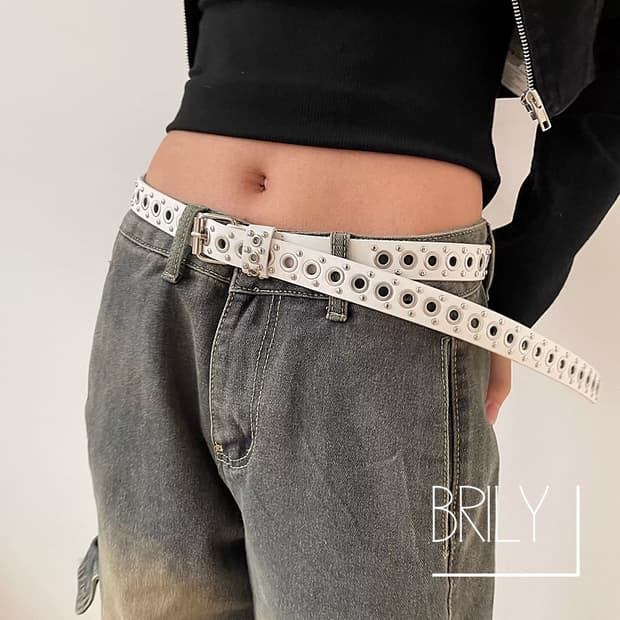 [Unisex] ANDY 아일렛 티니 스터드 가죽 벨트 화이트