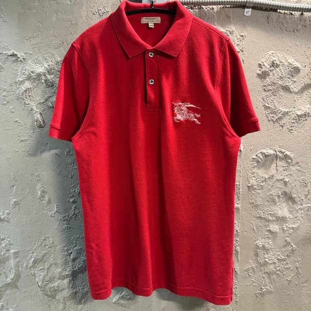 M 버버리 BURBERRY 슬림핏 빅 로고 자수 PK 반팔 레드