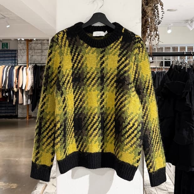 코치 옐로우 블랙 체크 알파카 울 블렌드 스웨터 