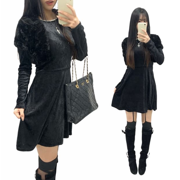 [LEGGY PRESS] 택 O 오네갸루 벨벳 진주 원피스