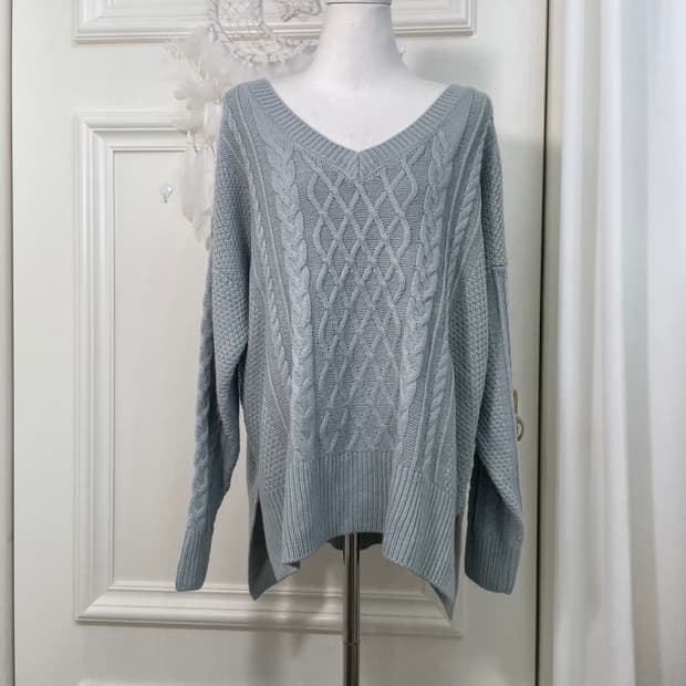 indi mint blue v-neck loose slit sweater