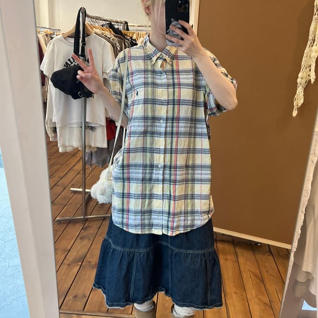 폴로 엘로우 반팔 체크 셔츠