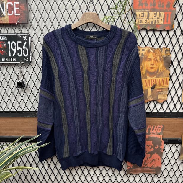00s JPN VINTAGE 케이블 니트 멀티컬러 네이비 그레이
