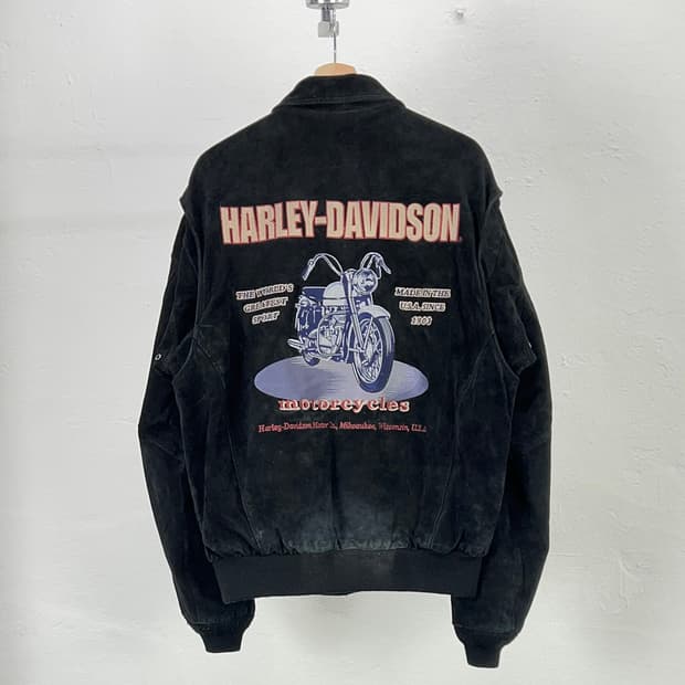 90s 할리데이비슨 블랙 스웨이드 레더 스냅 포켓 라이더 자켓