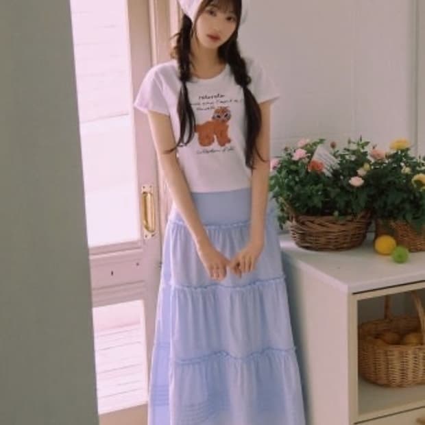 로라로라 프릴 롱스커트 치마 스카이 블루 S 장원영