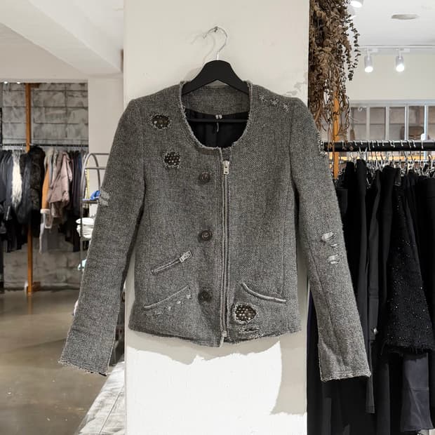 이로 그레이 트위드 오픈 프론트 자켓