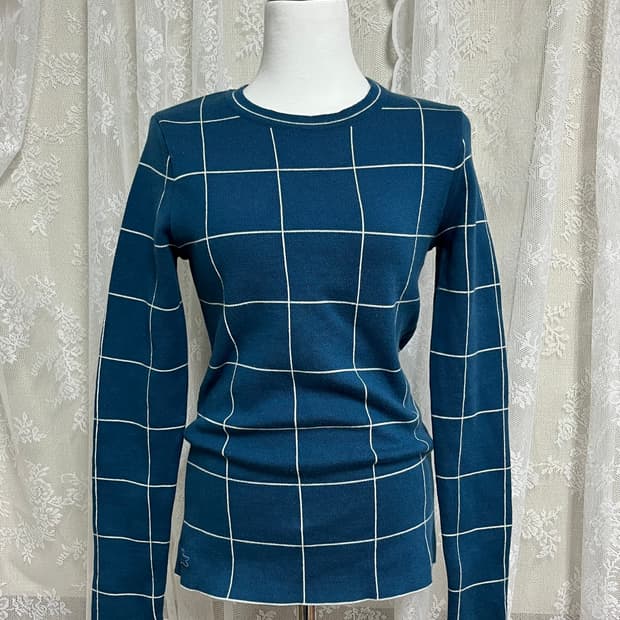 38) 라코스테 여성 그리드 체크 풀오버 니트 블루
